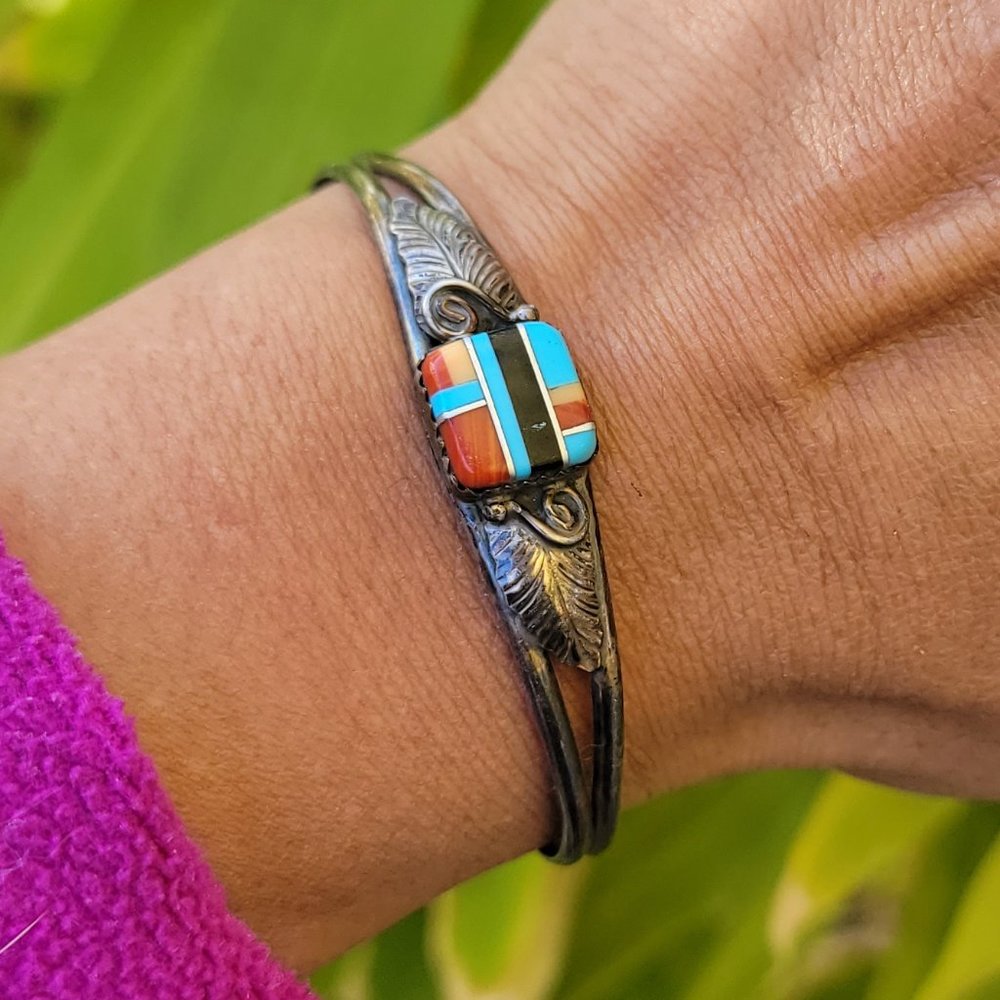 Native American 925 sterling silver square inlay squash blossom vintage bracelet - Picture 15 of 15